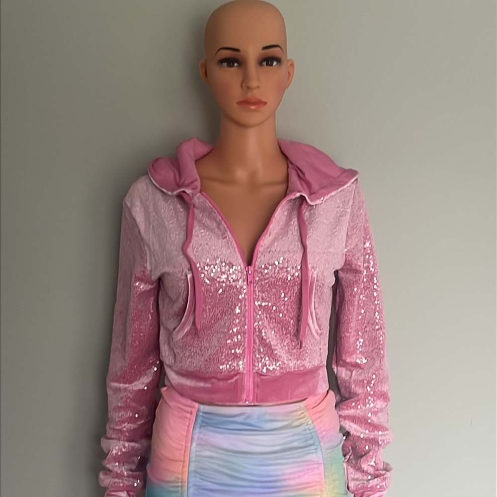 ‼️NWT‼️Dolls Kill X Sugar Thrillz Blushing Wonderland Sequin Hoodie Pink Small - Picture 4 of 7